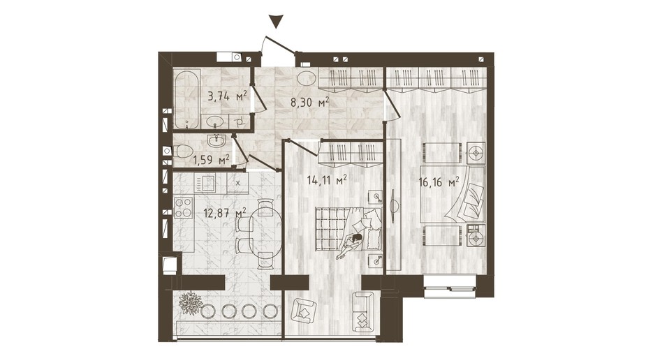 Планировка 2-комнатной квартиры в ЖК Одесская Чайка 56.77 м², фото 372805