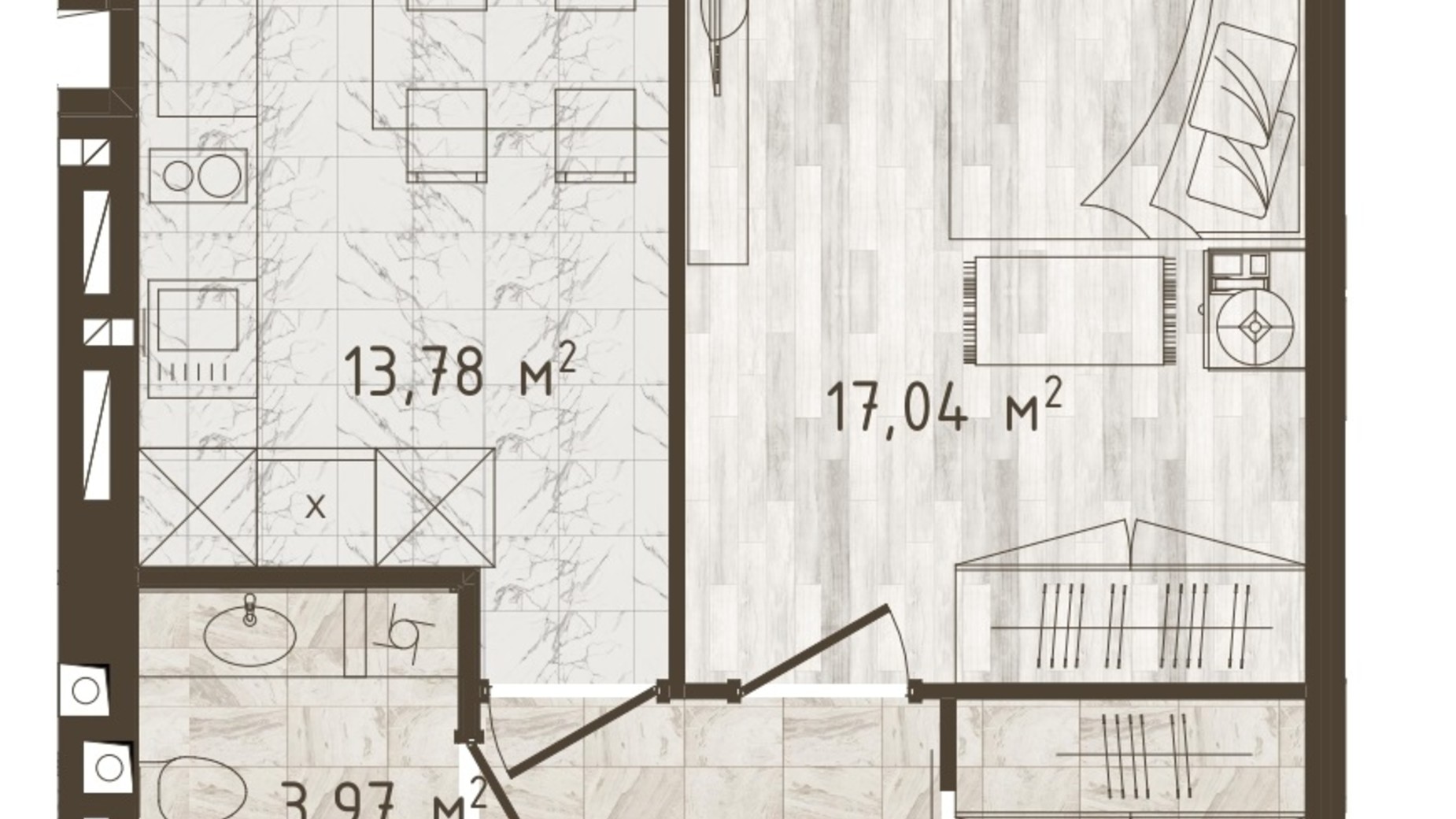 Планування 1-кімнатної квартири в ЖК Одеська Чайка 42.53 м², фото 372807