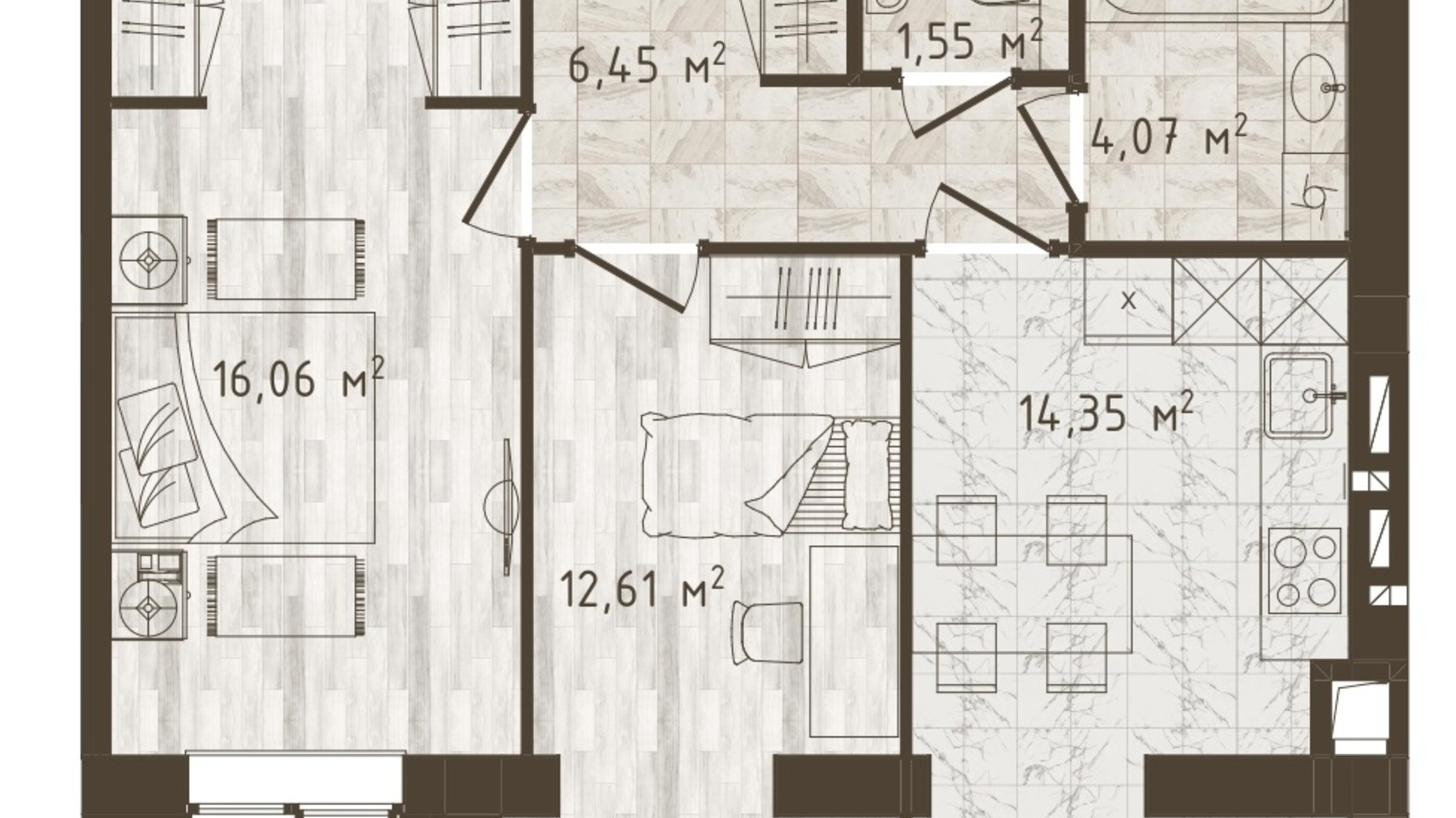 Планировка 2-комнатной квартиры в ЖК Одесская Чайка 55.09 м², фото 372809