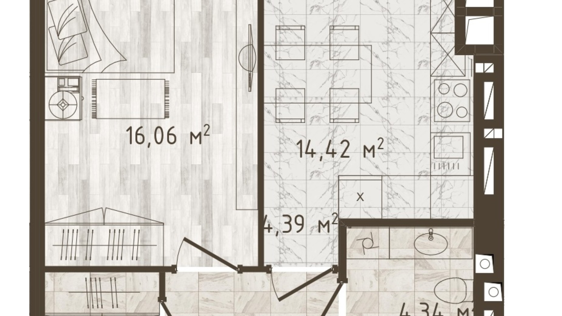 Планування 1-кімнатної квартири в ЖК Одеська Чайка 42.1 м², фото 372811