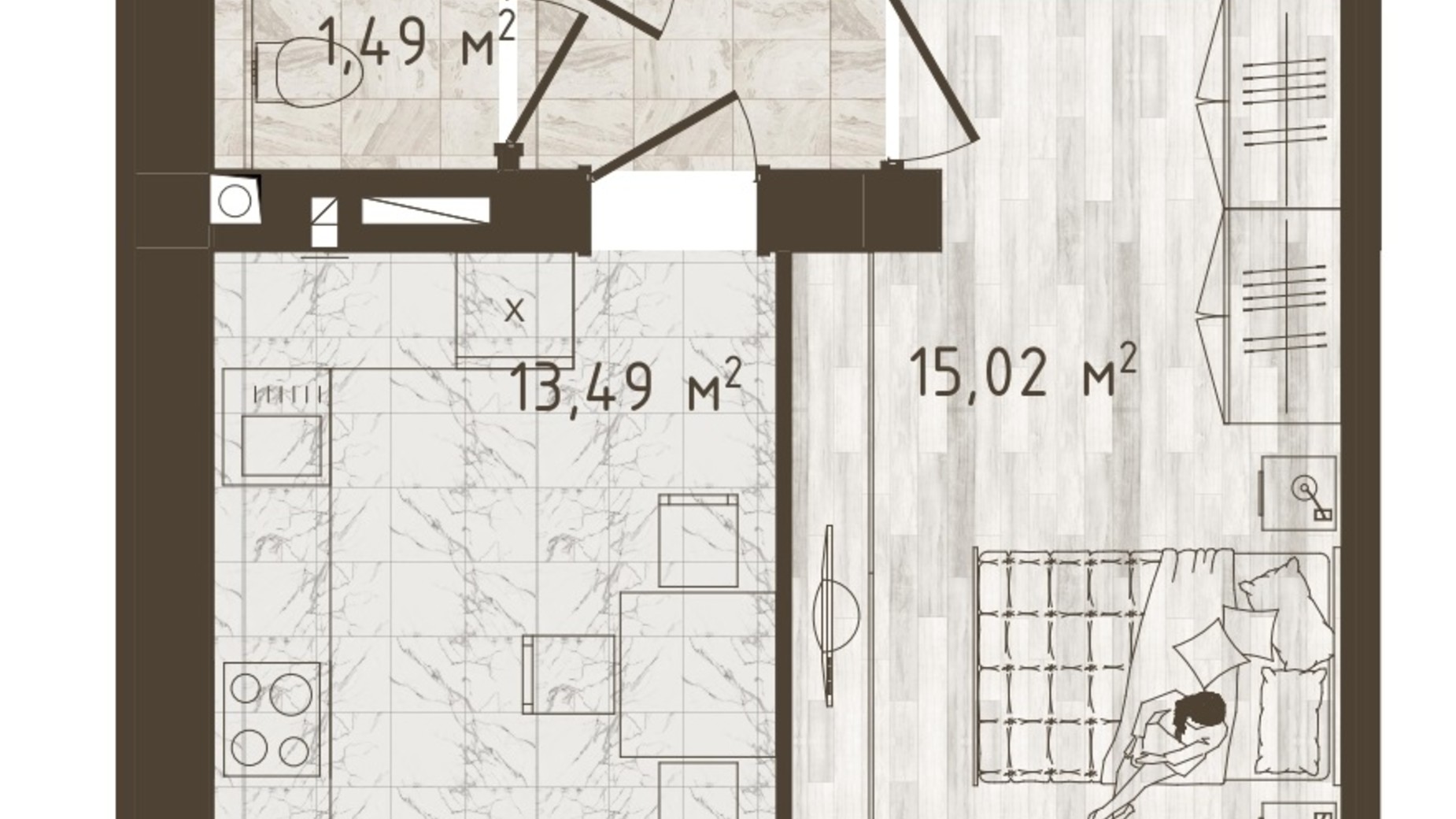 Планування 1-кімнатної квартири в ЖК Одеська Чайка 39.55 м², фото 372812