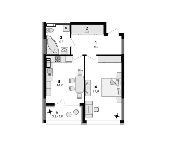 ЖК Greenville на Печерську: планування 1-кімнатної квартири 53.4 м²