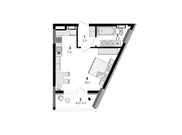 ЖК Greenville на Печерську: планування 1-кімнатної квартири 36.4 м²