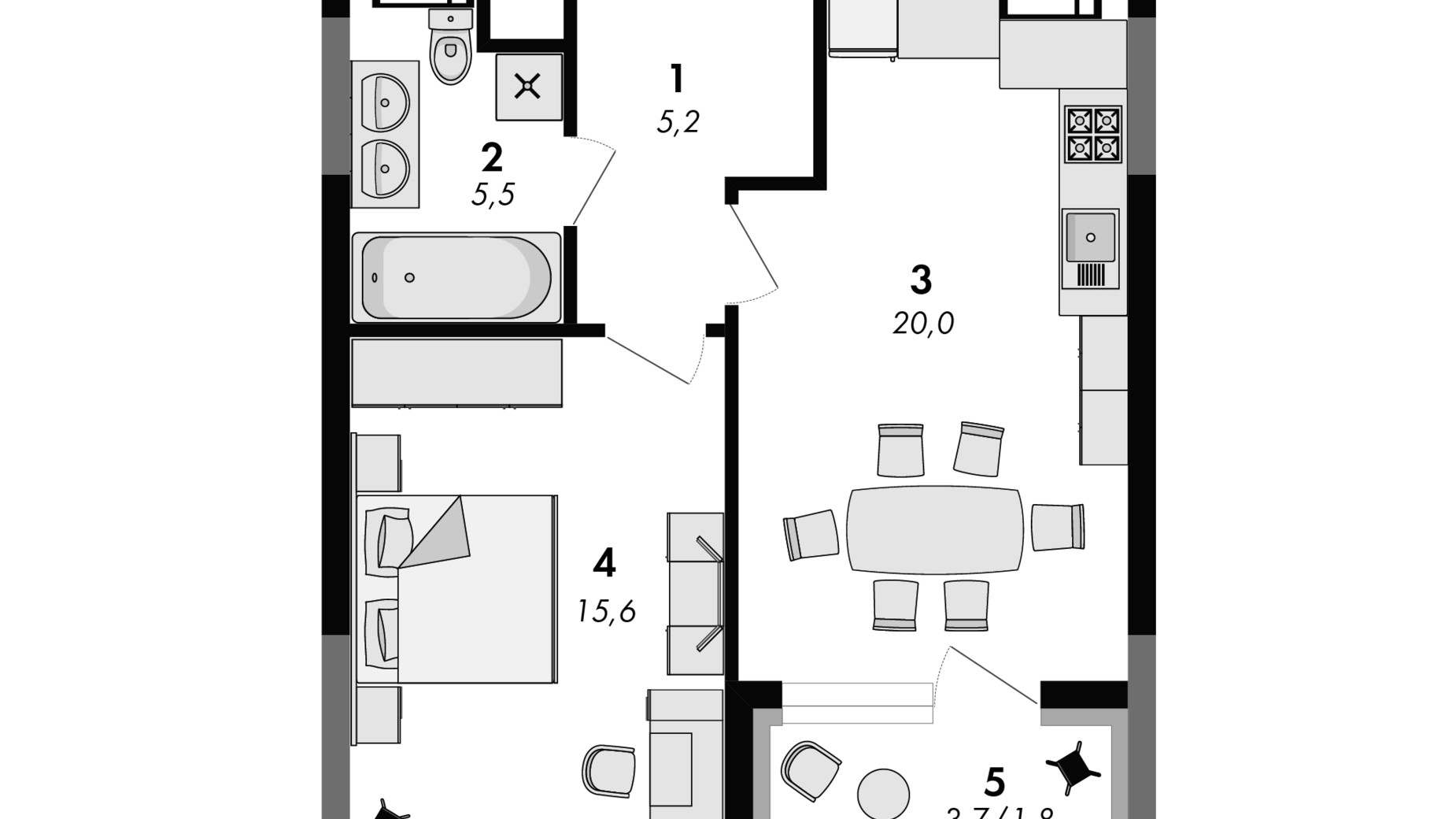 Планування 1-кімнатної квартири в ЖК Greenville на Печерську 48.1 м², фото 373183