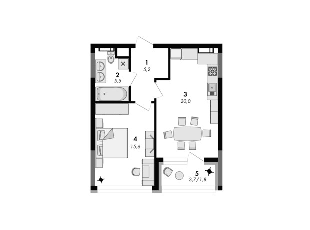 ЖК Greenville на Печерську: планування 1-кімнатної квартири 48.1 м²