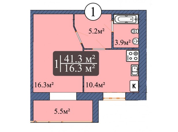 ЖК Мрія Чернігів 2: планировка 1-комнатной квартиры 43.2 м²