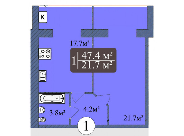 ЖК Мрія Чернігів 2: планування 1-кімнатної квартири 47.4 м²
