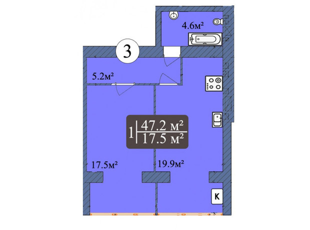 ЖК Мрія Чернігів 2: планировка 1-комнатной квартиры 47.2 м²