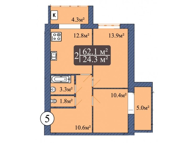 ЖК Мрія Чернігів 2: планировка 2-комнатной квартиры 62.1 м²