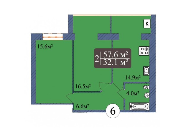 ЖК Мрія Чернігів 2: планування 2-кімнатної квартири 57.6 м²