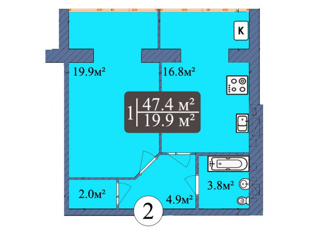 ЖК Мрія Чернігів 2: планировка 1-комнатной квартиры 47.4 м²