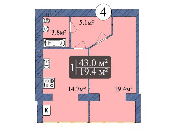 ЖК Мрія Чернігів 2: планировка 1-комнатной квартиры 43 м²