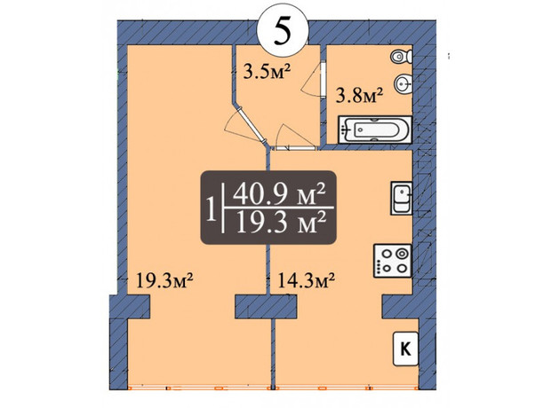 ЖК Мрія Чернігів 2: планировка 1-комнатной квартиры 40.9 м²