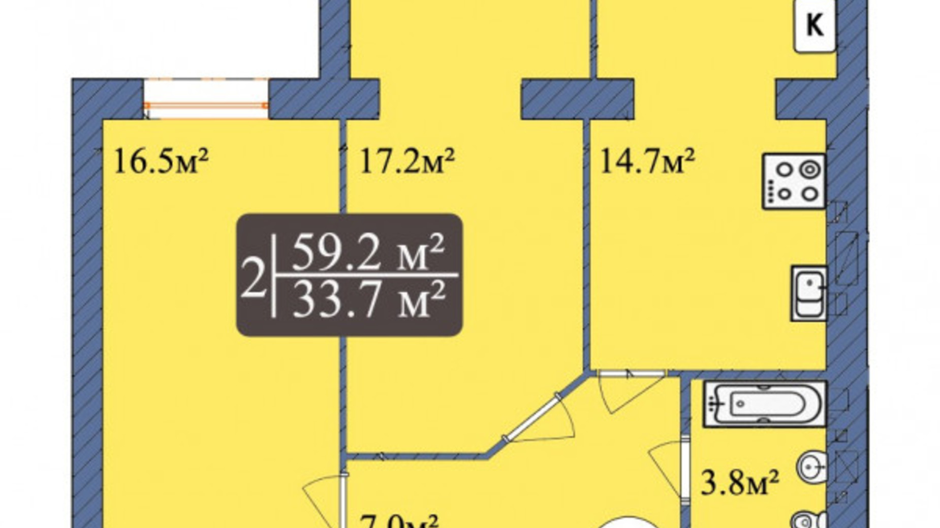 Планування 2-кімнатної квартири в ЖК Мрія Чернігів 2 59.2 м², фото 373212