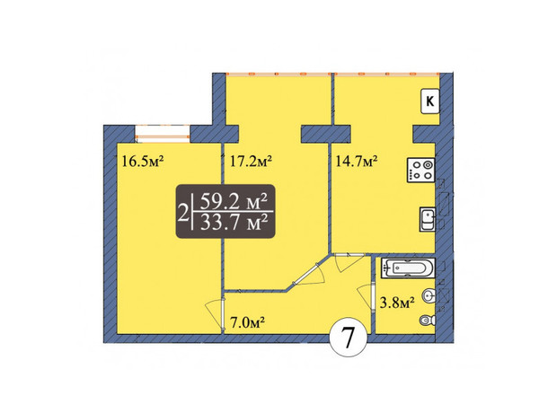 ЖК Мрія Чернігів 2: планування 2-кімнатної квартири 59.2 м²