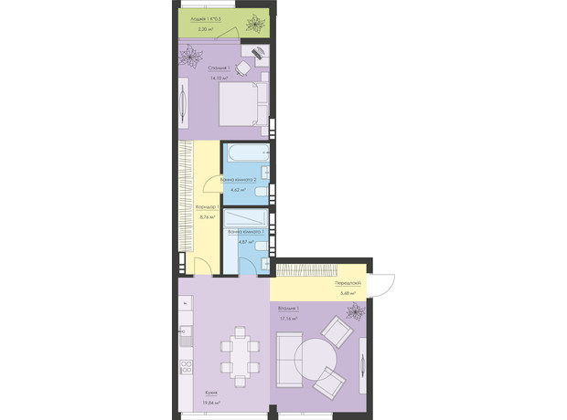 ЖК Новый Подол: планировка 2-комнатной квартиры 77.23 м²
