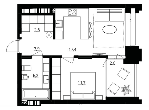 ЖК Doma Trabotti: планування 1-кімнатної квартири 44.4 м²