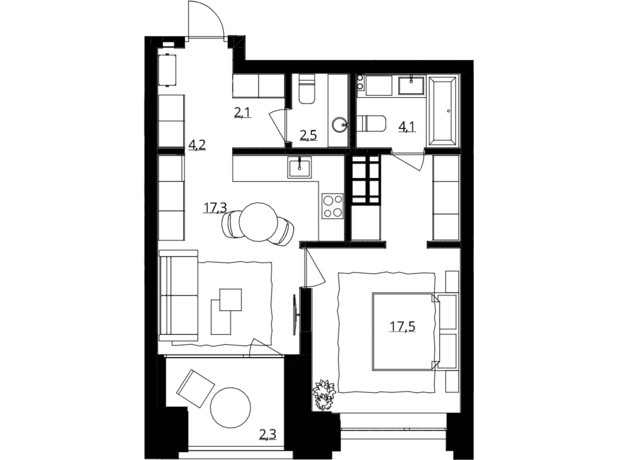 ЖК Doma Trabotti: планування 1-кімнатної квартири 50 м²