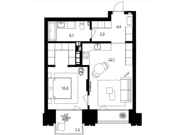 ЖК Doma Trabotti: планування 1-кімнатної квартири 55 м²