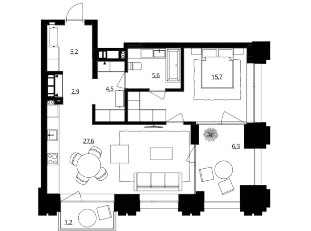 ЖК Doma Trabotti: планування 1-кімнатної квартири 69 м²