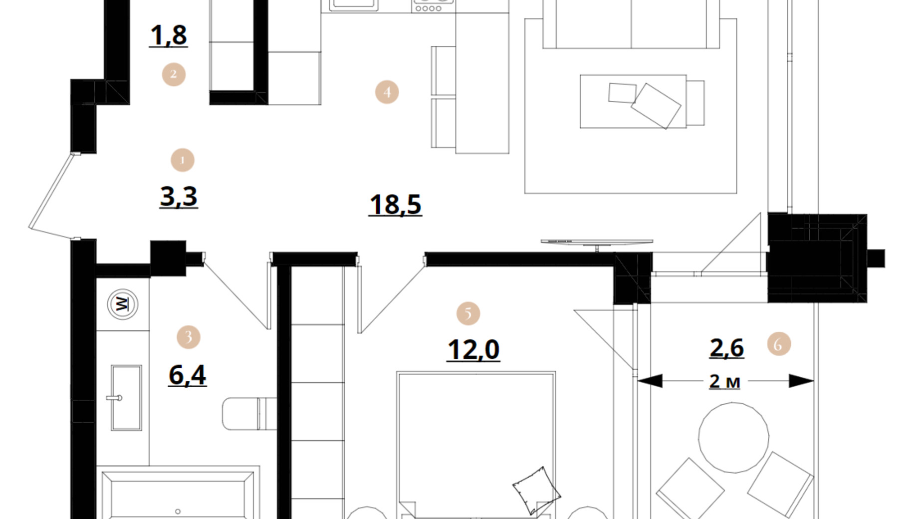 Планування 1-кімнатної квартири в ЖК Doma Trabotti 44.6 м², фото 373734