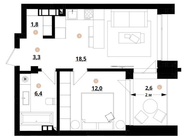 ЖК Doma Trabotti: планування 1-кімнатної квартири 44.6 м²
