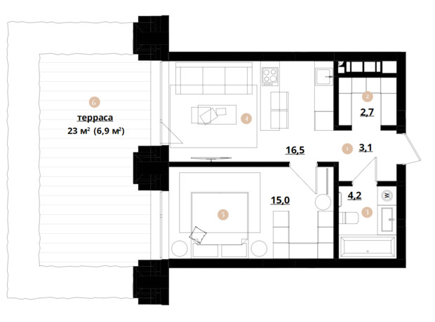 ЖК Doma Trabotti: планування 1-кімнатної квартири 48.4 м²