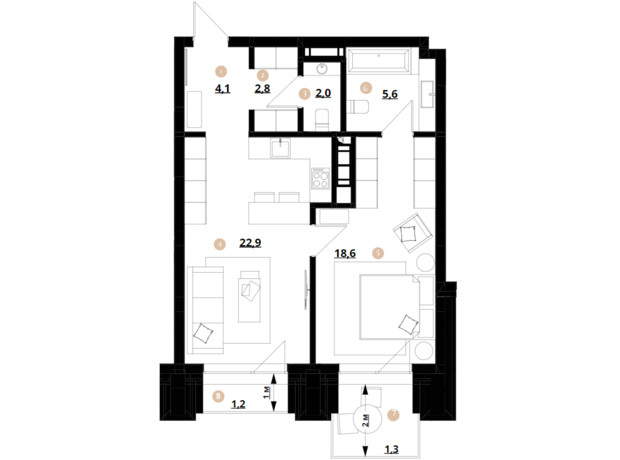 ЖК Doma Trabotti: планування 1-кімнатної квартири 58.5 м²