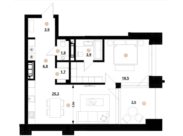 ЖК Doma Trabotti: планування 1-кімнатної квартири 64.3 м²