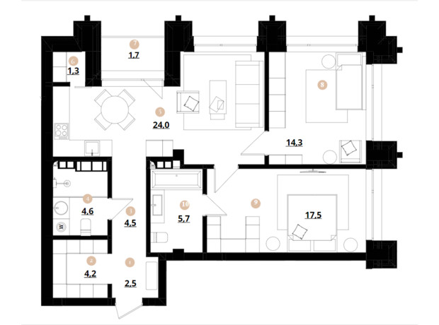 ЖК Doma Trabotti: планування 2-кімнатної квартири 80.3 м²
