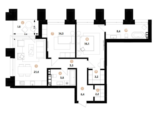 ЖК Doma Trabotti: планування 2-кімнатної квартири 84.9 м²