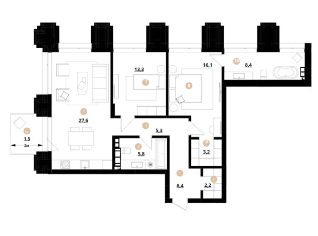 ЖК Doma Trabotti: планування 2-кімнатної квартири 89.8 м²