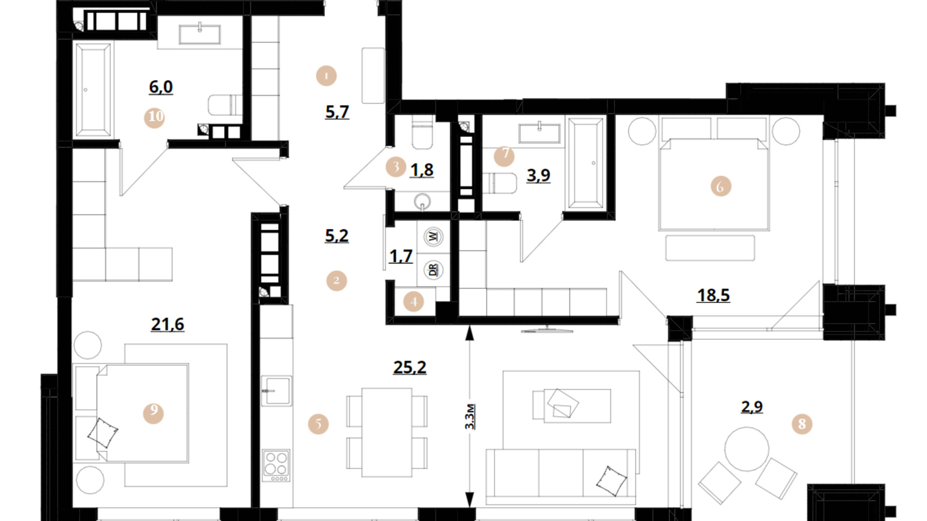 Планування 2-кімнатної квартири в ЖК Doma Trabotti 92.5 м², фото 373745