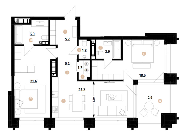 ЖК Doma Trabotti: планування 2-кімнатної квартири 92.5 м²