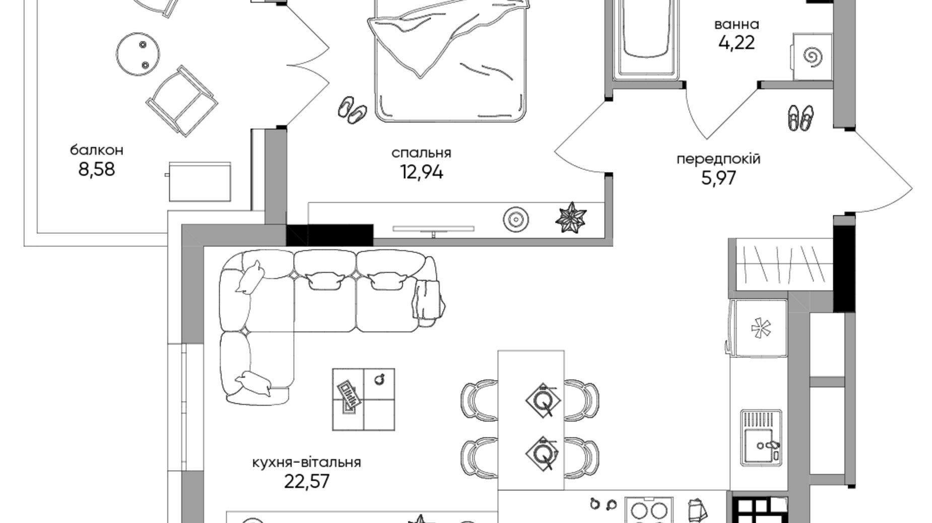 Планировка 1-комнатной квартиры в Клубный дом Olegiv podil 47.25 м², фото 373869