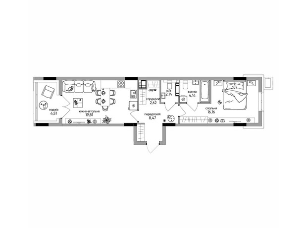 МФК Olegivskiy: планировка 1-комнатной квартиры 56.66 м²