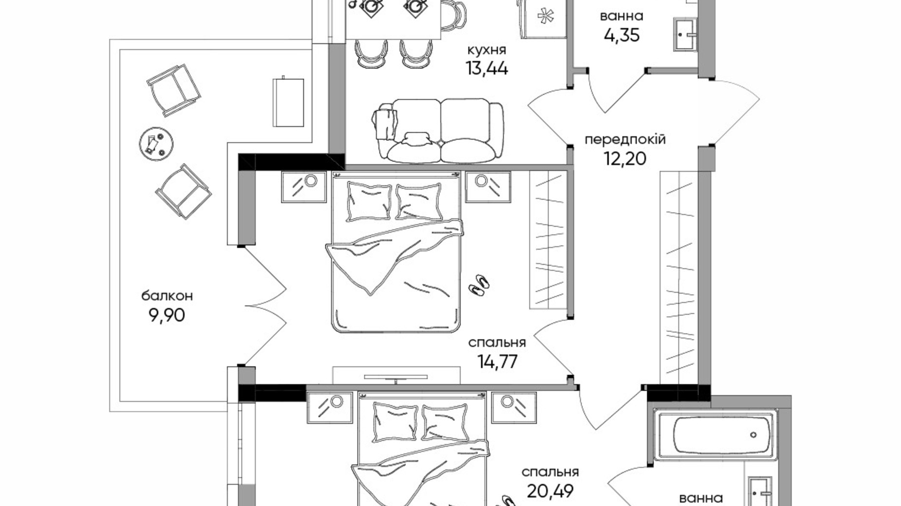 Планировка 2-комнатной квартиры в Клубный дом Olegiv podil 74.91 м², фото 373882