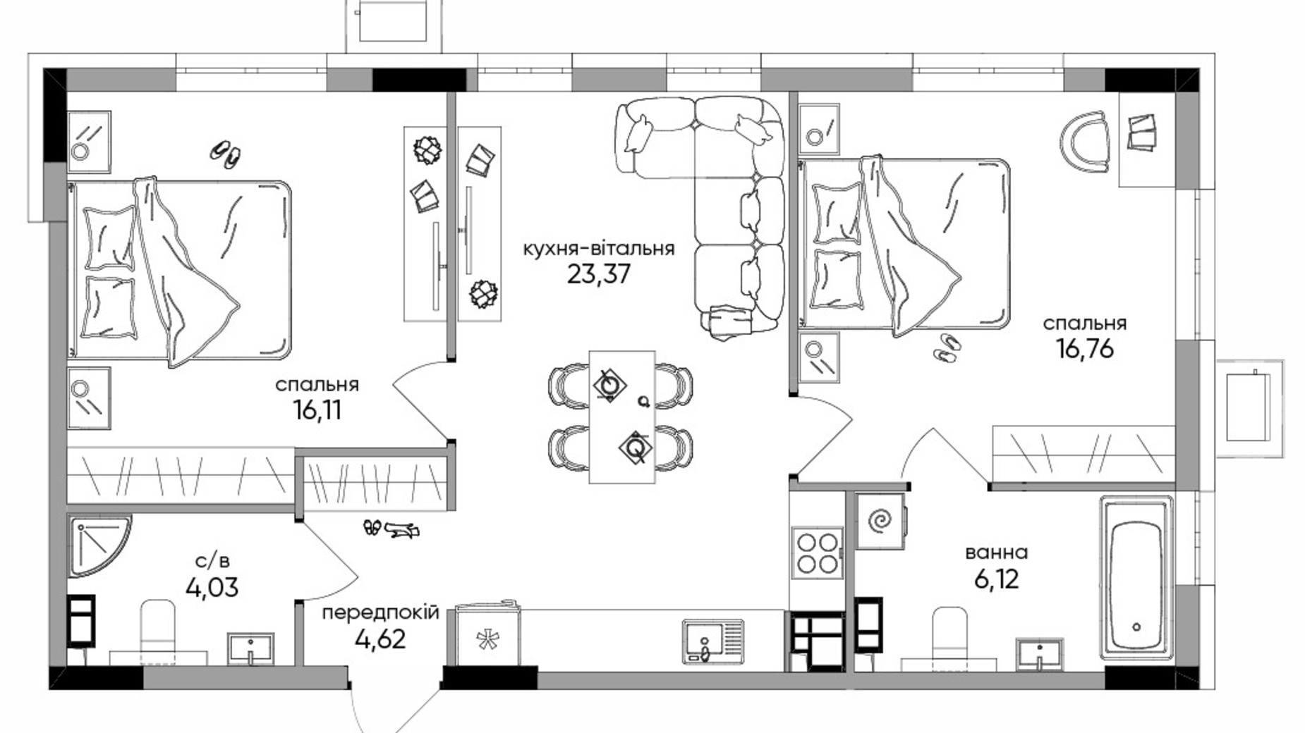 Планування 2-кімнатної квартири в Клубний будинок Olegiv podil 68.15 м², фото 373883