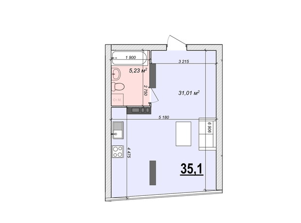 ЖК Bogun City: планування 1-кімнатної квартири 35.1 м²