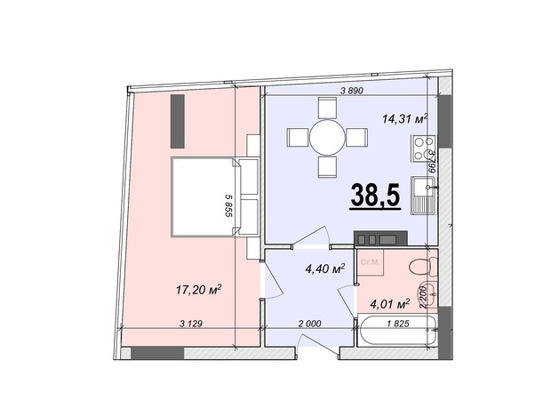 ЖК Bogun City: планировка 1-комнатной квартиры 38.5 м²