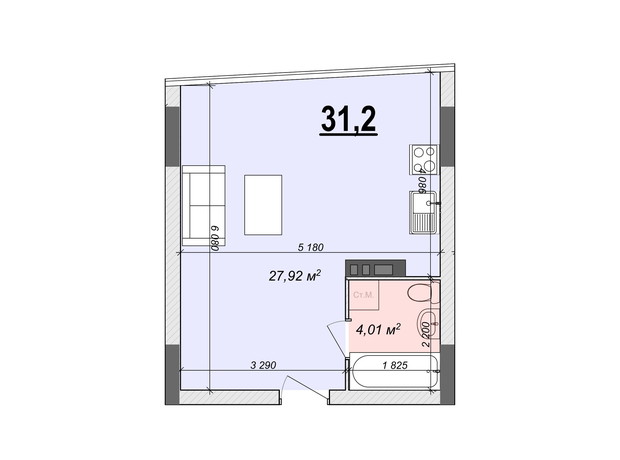 ЖК Bogun City: планування 1-кімнатної квартири 31.2 м²