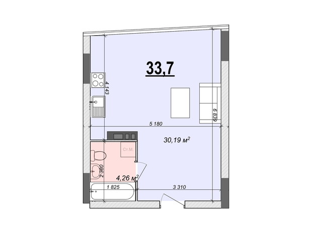 ЖК Bogun City: планировка 1-комнатной квартиры 33.7 м²