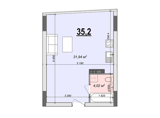 ЖК Bogun City: планування 1-кімнатної квартири 35.2 м²