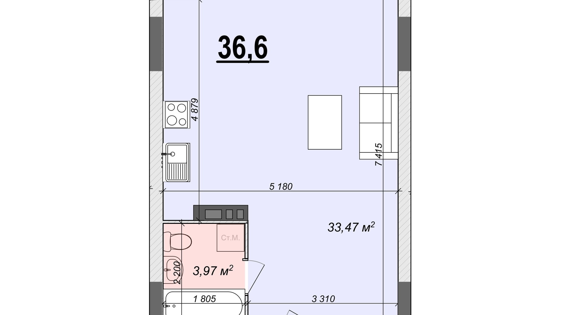 Планування апартаментів в ЖК Bogun City 36.6 м², фото 374095