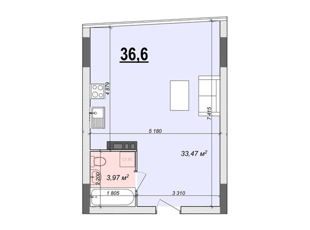 ЖК Bogun City: планування 1-кімнатної квартири 36.6 м²