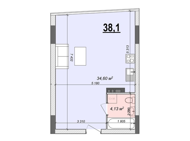ЖК Bogun City: планировка 1-комнатной квартиры 38.1 м²