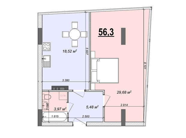 ЖК Bogun City: планування 1-кімнатної квартири 56.3 м²
