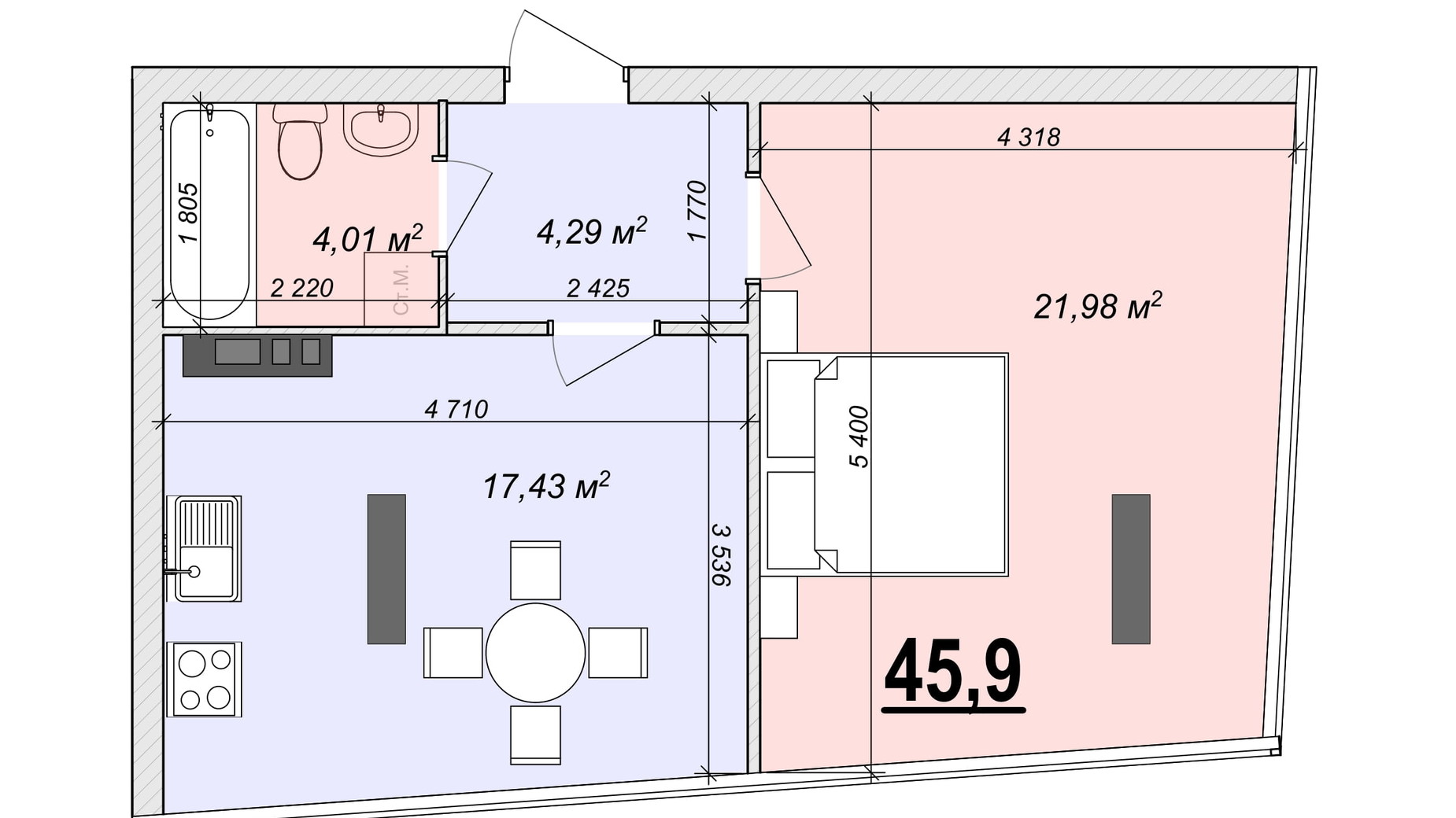 Планування апартаментів в ЖК Bogun City 45.9 м², фото 374102