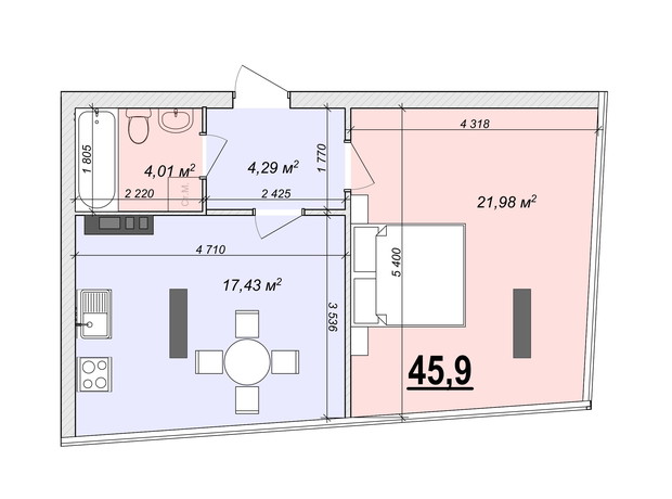 ЖК Bogun City: планування 1-кімнатної квартири 45.9 м²