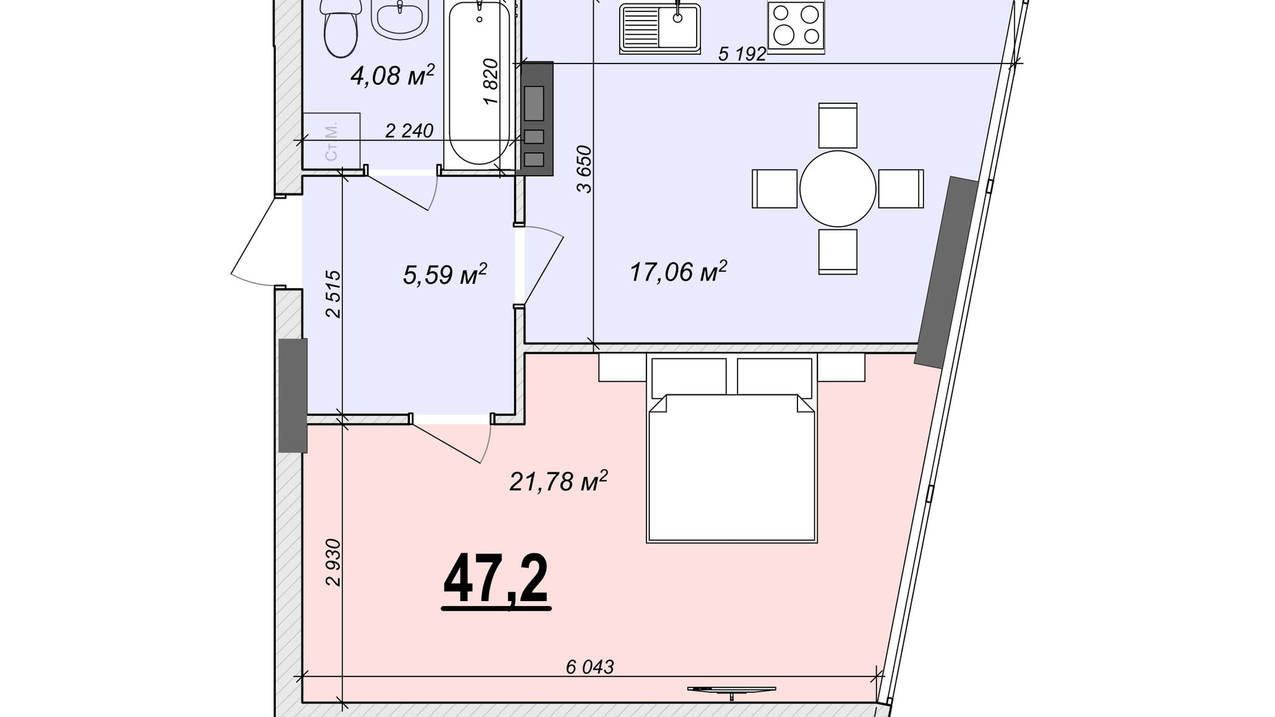 Планировка апартаментов в ЖК Bogun City 47.2 м², фото 374118